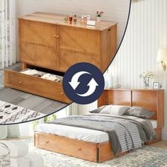 two pictures show the same bed and dresser in different rooms, one with an arrow on it