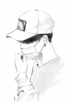 a drawing of a man wearing a baseball cap and holding a cell phone to his ear