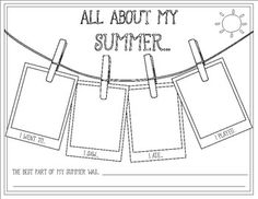 an all about my summer coloring page with pictures hanging on clothes pins and the words,'all about my summer '