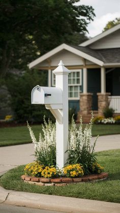 a white mailbox sitting in the middle of a flower bed next to a house