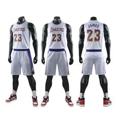 three basketball uniforms on mannequins with shoes