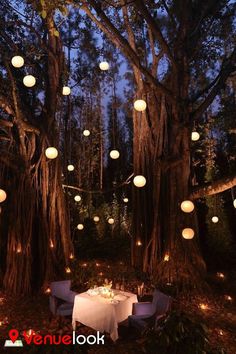 an outdoor dining area with paper lanterns hanging from the trees and lights on the ground