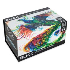 the box is full of black and multicolored art supplies, including a large bird