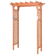 an outdoor wooden arbor with lattices on the top and bottom part, against a white background