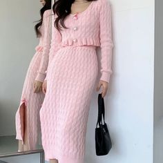 Color: Pink, Size: Free Size Pink Two Piece Sweater Skirt Set, Luxury Pink Midi Dress For Fall, Pink Two Piece Sweater, Pink Dresses For Winter, Two Pieces Dress, Suits Korean, Knit Two Piece Set, Sweet Fashion, Ear Style