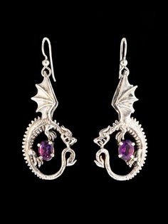 Dragon Earrings Silver Game of Thrones Inspired Dragon Gemstone Earrings Oracle Dragon with Gemstone Targaryen Accessories, Dragon Earrings, Goddess Jewelry, Irish Jewelry, Goth Jewelry, Dragon Jewelry, Dragon Design, Black Bracelets, Purple Stones