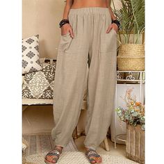 Women's Baggy Pants Harem Pants Linen Cotton Blend Pocket Black Summer 2024 - CAD $36.99 Knitted Pants Outfit, Trousers Women Casual, Casual Linen Pants, Cotton Casual Pants, Cool Kids Clothes, Cotton Linen Pants, Linen Casual, Pantalon Large, Baggy Pants