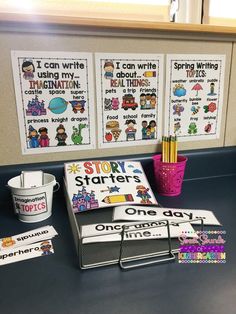 the classroom desk is organized with posters, pens and other things to write on it