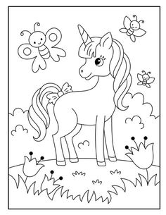 a coloring page with an image of a unicorn in the grass and bees flying around