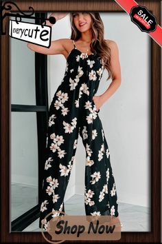 Black Tie Decor V Neck Floral Wide Leg Jumpsuit Black Overall Jumpsuits And Rompers For Vacation, Black Overall Jumpsuit For Vacation, Black Overalls Jumpsuit For Vacation, Black Overalls For Vacation, Casual Black Printed Jumpsuit/romper, Casual Black Printed Jumpsuit, Black Printed Jumpsuits And Rompers For Beach, Black Printed Jumpsuit For Beach, Black Beach Overalls And Rompers