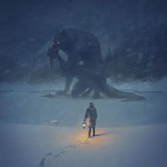 a man standing in the snow next to a giant animal