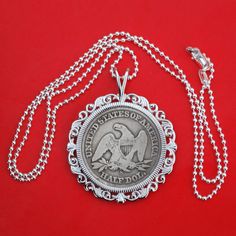 "You are looking at a gorgeous solid 925 sterling silver necklace with an authentic US 1862 Seated Liberty Half Dollar 90% Silver Coin, showing REVERSE in front - a majestic American flying bald eagle. The coin is in great condition with nice details, set with backside 4-prong, and you can see both sides of the coin. The pendant is made of solid 925 sterling silver, 1.95\"(50 mm) x 1.60\"(40 mm), and heavy. It comes with a 24\" solid 925 sterling silver chain, and also a gift box. I hope you end Classic Stamped 925 Medallion Jewelry, Silver Etched Anniversary Necklace, Silver Etched Necklace For Anniversary, Antique Medallion Necklace Stamped 925, Antique Sterling Silver Jewelry With Silver Chain, Silver Engraved Victorian Necklace, Etched Coin-shaped Sterling Silver Jewelry, Victorian Engraved Silver Necklace, Stamped 925 Medallion Necklace For Anniversary