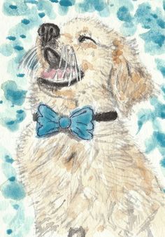 a drawing of a dog wearing a blue bow tie