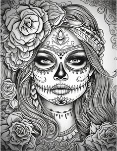 a drawing of a woman with sugar skulls on her face and flowers in her hair