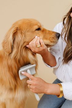 a woman is brushing her dog's teeth with a hair brush in front of her