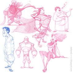 some sketches of different characters from the animated movie, including one man and two women