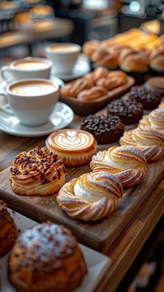 pastries and coffee on a table in a cafe