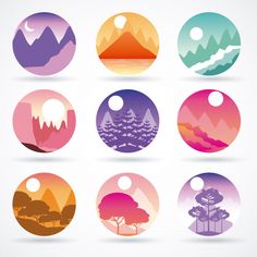 a set of nine circular badges with mountains, trees and sunsets in the background