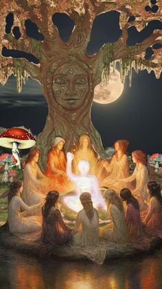 a group of people sitting under a tree in front of a full moon and water