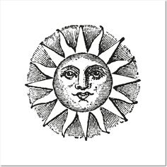 the sun with its face drawn in black ink on white paper, vintage line drawing or engraving style