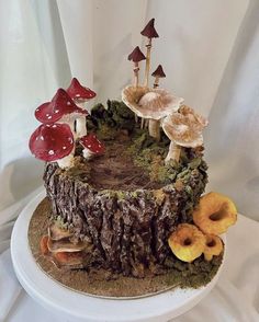 a cake that has mushrooms on top of it