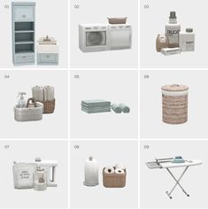 several different types of bathroom items displayed in various sizes and colors, including towels, soaps, toothbrushes, dishwasher, toilet paper holder