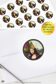 a white envelope with some stickers on it and a photo of a woman wearing a party hat