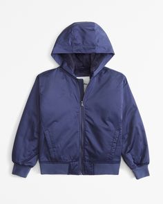 Our new aviator bomber jacket in a soft satin fabric, featuring a functional hood with faux fur interior lining, ribbed cuffs and trim, zip-up front, cozy interior lining, and cozy-lined open pockets. Boys Coats, Abercrombie Kids, Boys Coat, Cozy Interior, Boys Jacket, Girls Jeans, Satin Fabric, Zip Up, Kids Boys