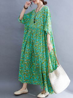 Sku CY-!86765 Material Cotton-blend Style Batwing Sleeves Feature Printed Neckline Round-neck Occasion Casual , Vacation , Vintage Seasons Summer Type Midi Dresses Color GREEN Size FREE SIZE Please consult the size chart we provide for this item's measurements to help you decide which size to buy.Please note: There may be 1-3cm differ due to manual measurement.CMINCH Bust Hemline Length FREE SIZE 142 130 120 Long Dres, Summer Plants, Plant Print, Free Size, Batwing Sleeve, Bat Wings, Green Dress, Round Neck, Long Dress