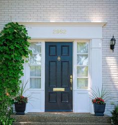 a black front door with two planters on the steps