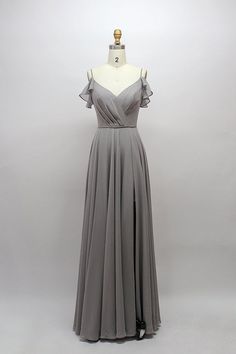 Straps Grey Chiffon A-line Long Bridesmaid Dress Charcoal Grey Bridesmaid Dresses, Silver Grey Bridesmaid Dresses, Simple Grey Dress, Winter Bridesmaid Dresses, Gray Cocktail Dress, Neckline Embroidery, Light Grey Dress, Grey Bridesmaids, Custom Bridesmaid Dress