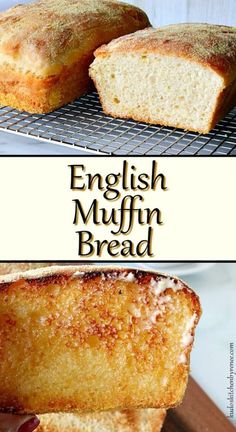 an image of english muffin bread on a cooling rack with the words, english muffin bread