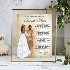 a personalized memorial plaque featuring two women in wedding gowns and the words,