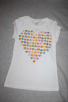 Girls T-Shirt WHITE w/ EMOJI HEART Faces Diamond Poop Crown Burger Star XS 4-5 791173085948 | eBay Fun White Top With Heart Graphic, Playful White Tops With Heart Graphic, Emoji Skirt, Emoji Tshirt Ideas, Cheap White Heart-shaped T-shirt, White Playful T-shirt With Heart Graphic, Emoji Tshirt, Playful White T-shirt With Heart Graphic, Emoji Tshirts