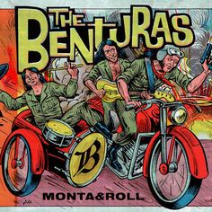 an advertisement for the benturas motorcycle club featuring three men on a motorbike