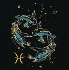 the zodiac sign for pisci is depicted on a black background with gold stars