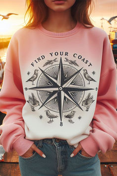 Find Your Coast Sweatshirt Cheap Crew Neck Sweatshirt For Adventure, Mountain Sweatshirt Design, Cotton Graphic Print Sweatshirt For Adventure, Long Sleeve Graphic Print Sweatshirt For Adventure, Alaska Sweatshirt, Womens Fleece, Cute Sweaters, Compass, Unisex Sweatshirt