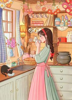 a painting of a girl drinking from a cup in the kitchen with a cat nearby