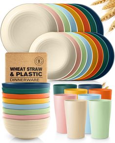 a stack of plates and cups next to a package of wheat straw & plastic dinnerware