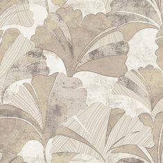 an abstract floral wallpaper with gold and grey leaves on the side, in shades of beige