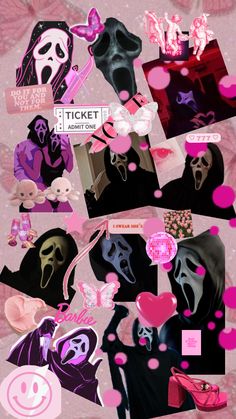 a collage of images with pink and black shapes on them, including masks, hearts,