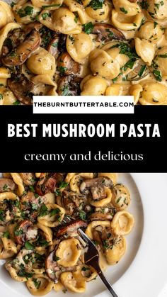 the best mushroom pasta creamy and delicious is served in a white bowl with a fork