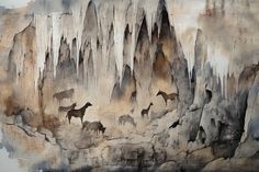 an abstract painting of horses in front of rock formations