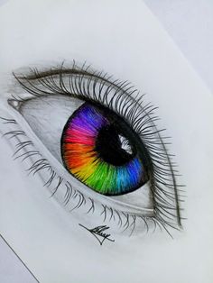 a drawing of an eye with rainbow colored irises on it's irise