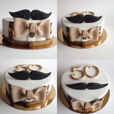 four pictures of a cake with white frosting and gold trim, decorated with black mustaches