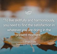 a leaf floating on top of water with the quote to live skillfully and harmoniously, you need to find the satisfaction in whatever you are doing