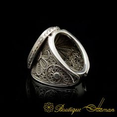 Filigree Basmala Islamic Ring Green Aqeeq-4 Traditional Oval Rings With Intricate Design, Traditional Oval Filigree Wedding Ring, Traditional Hallmarked Filigree Ring For Wedding, Traditional Oval Engraved Ring With Intricate Design, Traditional Engraved Filigree Ring, Luxury Silver Engraved Filigree Ring, Traditional Oval Engraved Anniversary Ring, Luxury Engraved Silver Filigree Ring, Elegant Ceremonial Rings With Filigree