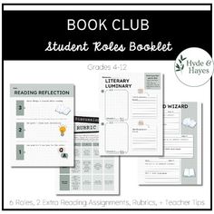 the book club student roles booklet is shown in three different colors and font, along with two