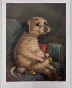 a painting of a dog sitting on top of a chair