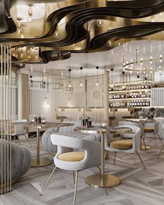 the interior of a modern restaurant with gold accents